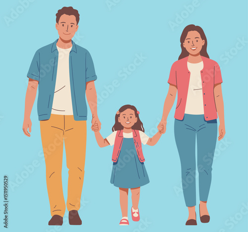 An illustration of a happy family consisting of a father, mother, and daughter standing side by side but not touching each other. The father is on the left