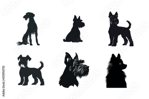 Six dog breed silhouettes black and white