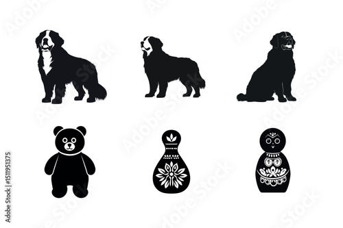 Bernese mountain dog silhouettes with russian matryoshka and teddy bear
