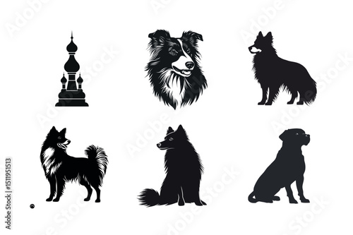 Six dog breeds and russian church silhouettes