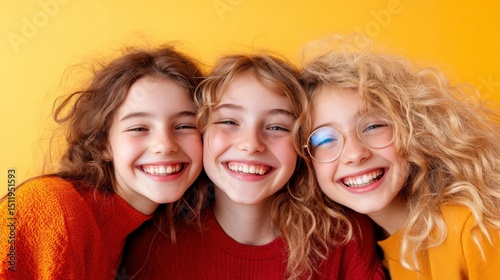 A trio of happy friends smiling together against a bright yellow backdrop, encapsulating warmth, joy, and the beauty of friendship and shared moments.