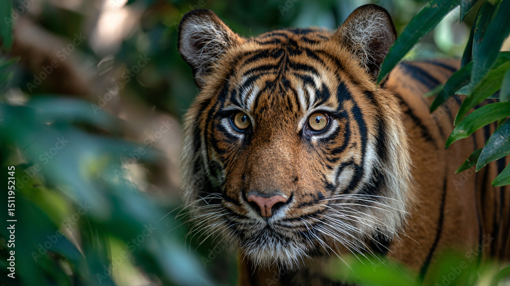 Fototapeta premium Majestic tiger with striking stripes is captured in its natural jungle habitat, surrounded by lush green foliage. intense gaze of tiger conveys sense of power and grace