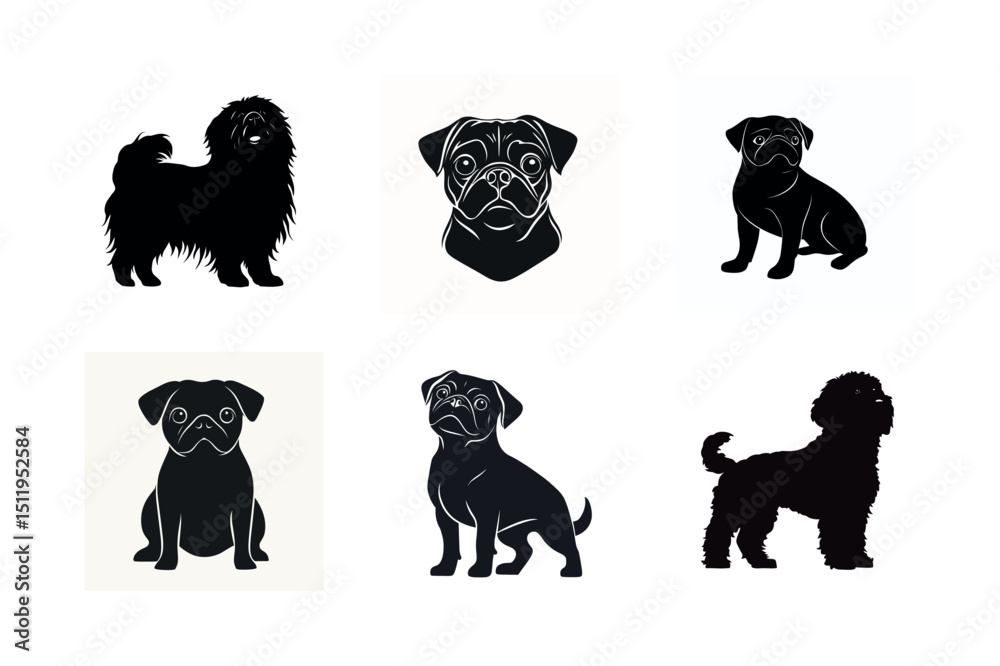 Naklejka premium Six dog breed silhouettes pug and lhasa apso