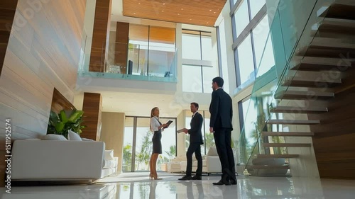 Real estate agent showcasing a modern luxury house with high ceiling and large windows