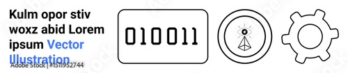 Binary code block, communication tower with signal symbol, and gear icon. Ideal for technology, innovation, software, engineering, data transfer, wireless communication simple landing page