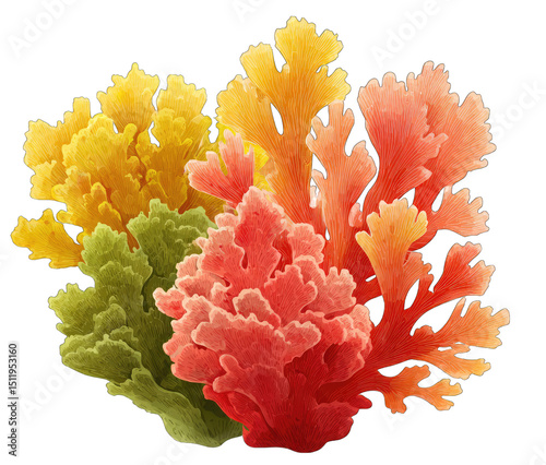 Close-up of vibrant coral-like organisms in various shades of orange, yellow, and green