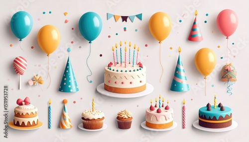 Collection of illustrated birthday party-themed stickers including cake, balloons, candles, hats and confetti, flat design