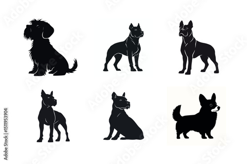 Six dog breed silhouettes black and white