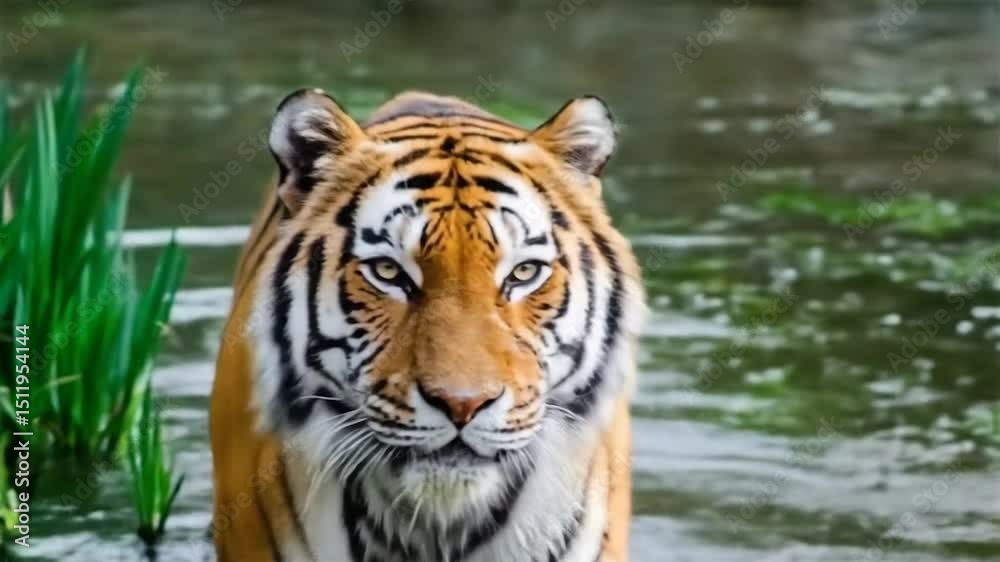 Fierce Bengal Tiger in Shallow Water Wildlife Video. Striking Tiger with Bold Stripes and Yellow Eyes. Majestic Predator in Lush Green Habitat. Fierce Bengal Tiger in Shallow Water Wildlife Video. Striking Tiger with Bold Stripes and Yellow Eyes. Majestic Predator in Lush Green Habitat.