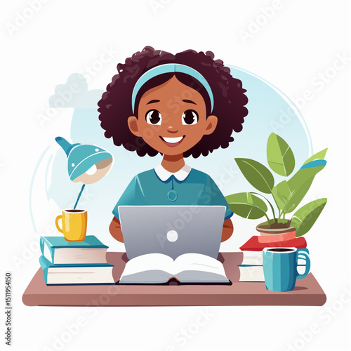 Cute Girl Studying at Home – Education Vector Illustration