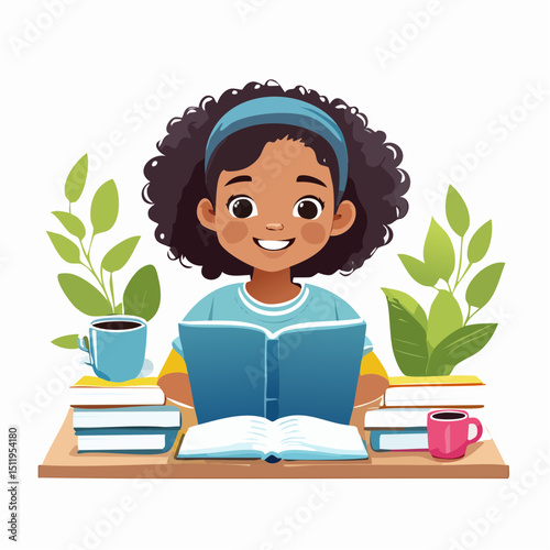 Cute Girl Studying at Home – Education Vector Illustration