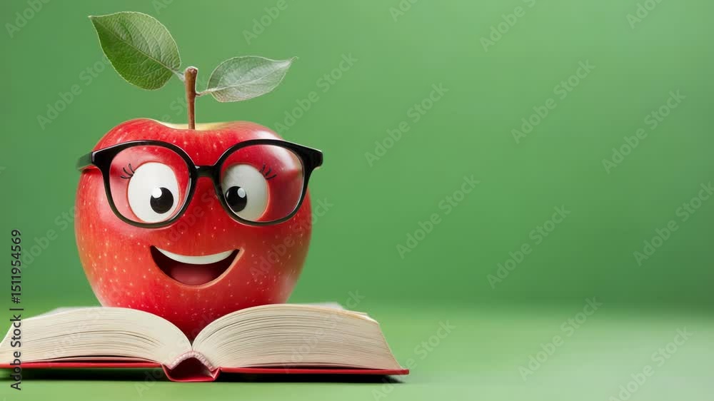 Cheerful apple wearing glasses on book against green background for education and fun concept.
