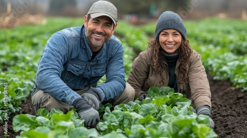 Smiling Farmers Working Together in Lush Green Vegetable Field