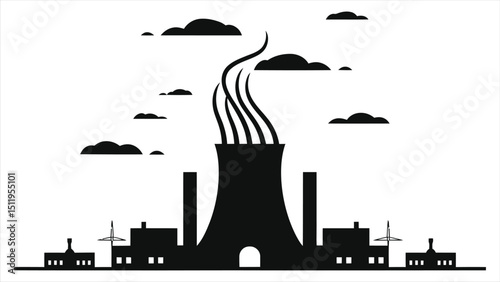 (Nuclear Facilities)Vector Silhouette of a Power Plant and Cityscape/A stylized, black silhouette of a power plant with smoke stacks and surrounding buildings, set against a white background.