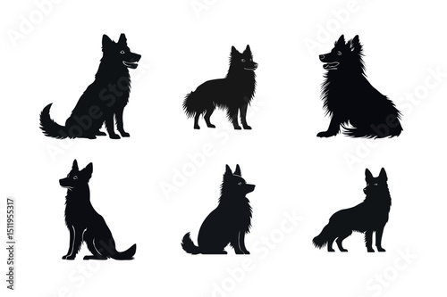 Six black dog silhouettes in different poses