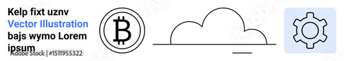Bitcoin symbol, cloud outline, and gear icon together express cryptocurrency, blockchain, technology, innovation, finance, digital transformation and data processing. Ideal for web banner fintech