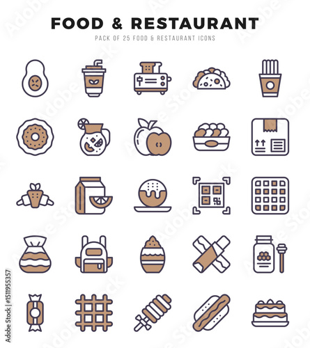 Food and Restaurant Icons Pack. Two Color icons set. Two Color icon collection set.