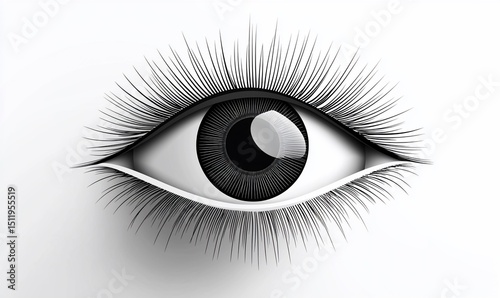 A stylized eye illustration, monochrome, detailed lashes
