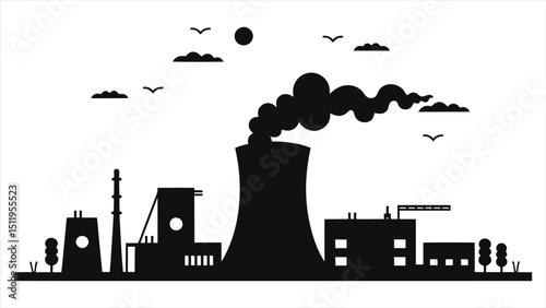 (Nuclear Facilities) Vector Silhouette of a Power Plant with Smoke/A clean, minimalist silhouette illustration of a power plant, likely a thermal or nuclear power station.