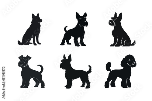 Six dog breed silhouettes black and white