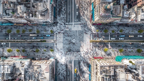 Aerial View of Crowded City Intersection with Pedestrian Crosswalks