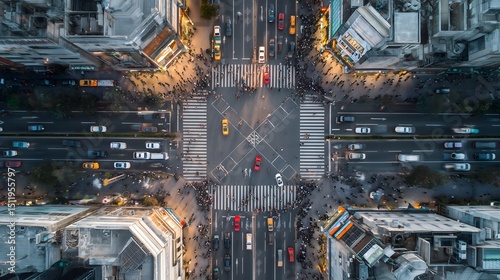 Aerial View of Busy City Intersection with Pedestrians and Traffic