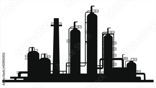 ( Oil Refineries )Simple black vector silhouette of an industrial oil refinery/A clean, minimalist silhouette of an industrial oil refinery.