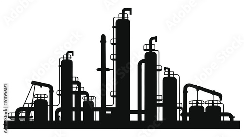 ( Oil Refineries)Vector Silhouetted Industrial Plant Outline for Design/A clean, simple silhouette of an industrial plant, perfect for illustrating a refinery, chemical processing facility
