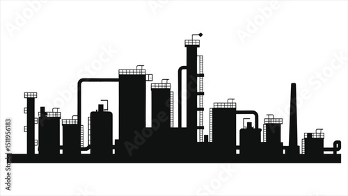 ( Oil Refineries)Vector  Silhouette of an industrial plant./A stylized silhouette of an industrial complex, likely a factory or refinery, set against a white background