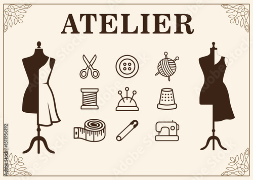 Sewing Atelier Tools Set  Flat Vintage Icons