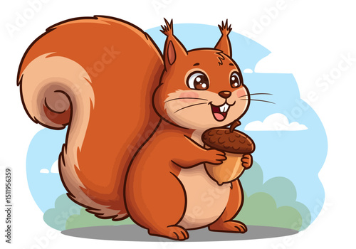 Cartoon Squirrel Holding an Acorn with a Smiling Expression