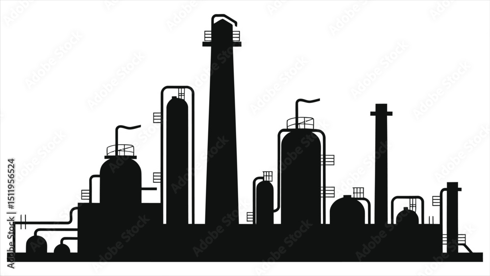Obraz premium (Oil Refineries)Vector Silhouette of an industrial plant for industrial design projects./A simple, black silhouette of an industrial plant.