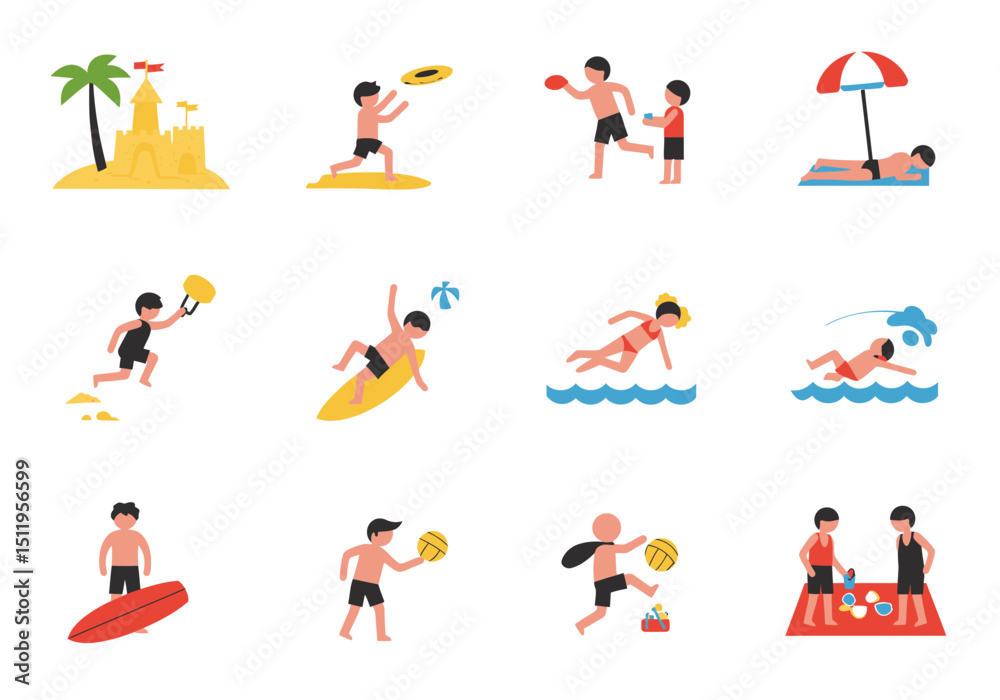 Beach Activities Icons People Playing Swimming and Relaxing Beach Activities Icons People Playing Swimming and Relaxing