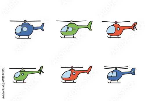 Collection of Six Cartoon Helicopters in Various Colors and Designs