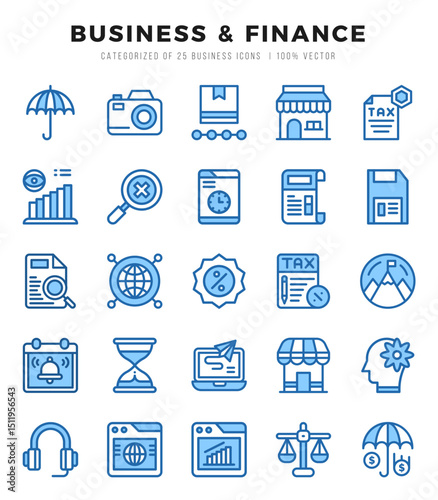 Business & Finance Icons Pack. Two Color icons set. Two Color icon collection set.