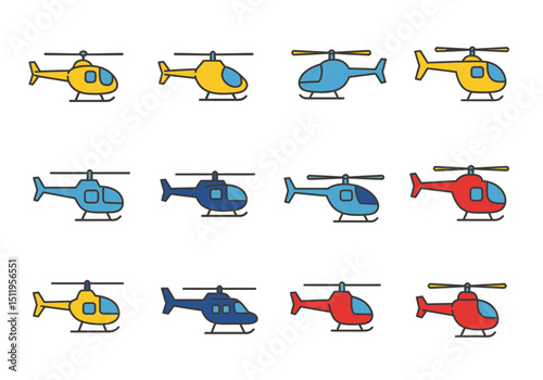 Collection of Cartoon Helicopters in Yellow Blue and Red Colors