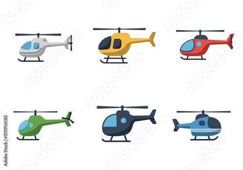 Six colorful cartoon helicopters in different colors and designs