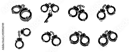 set of police metal handcuffs vector illustrations, law enforcement and arrest procedures
