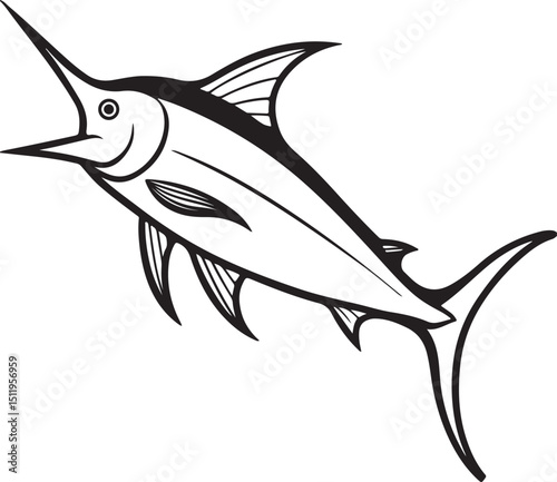 marlin fish line art, black outline, vector and illustration, coloring book page line art drawing