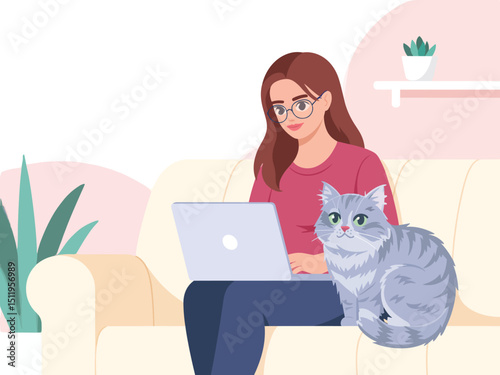 girl with laptop sitting on the couch, cat right next to her, flat vector illustration 