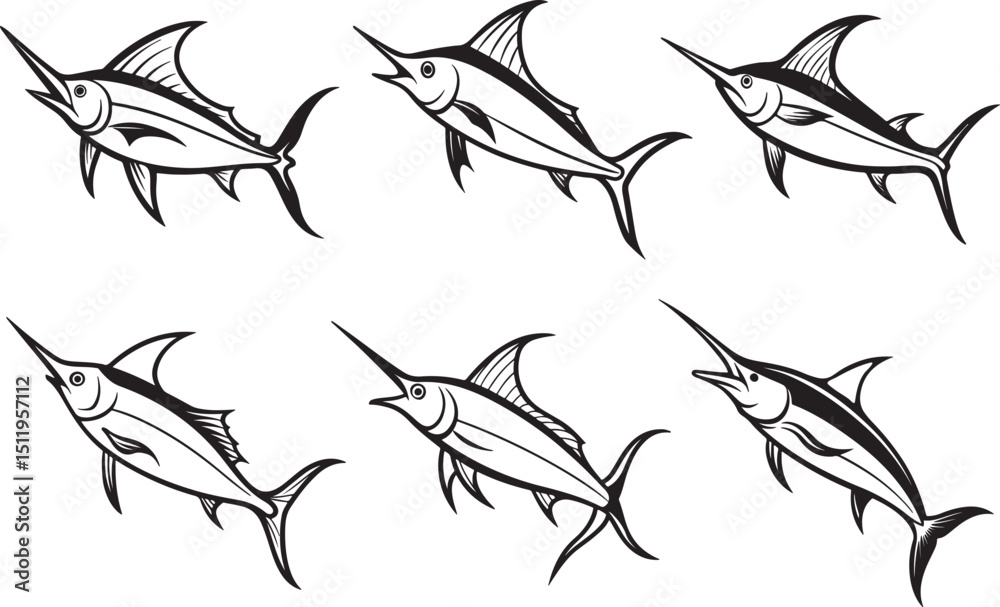 Fototapeta premium set of marlin fish line art, black outline, vector and illustration, coloring book page line art drawing