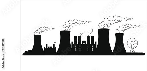 (Power Plants)Simple black and white industrial complex vector silhouette/A stylized, black and white silhouette of an industrial complex, likely a power plant or factory.