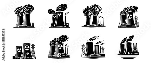 set of nuclear power plant , nuclear reactor and cooling tower vector illustrations, energy generation and industrial power
