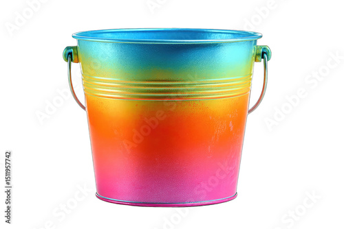 Vibrant rainbow-colored metal bucket with handles