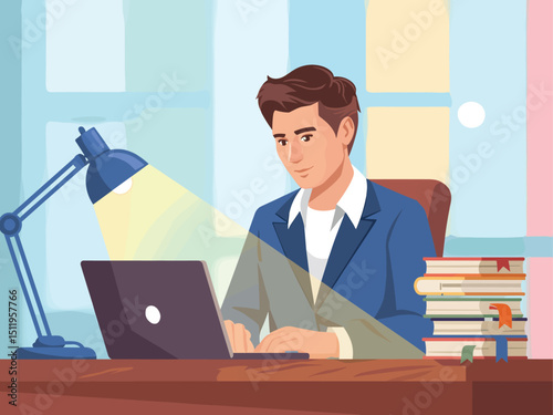 online education concept with a man, computer, lamp, and books,  flat vector illustration 