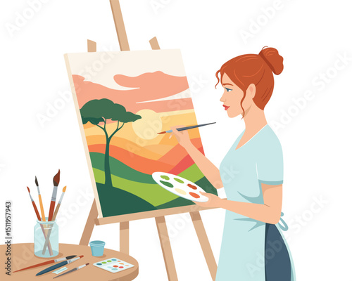 a young women paint using easel, canvas, brushes and watercolor,  flat vector illustration