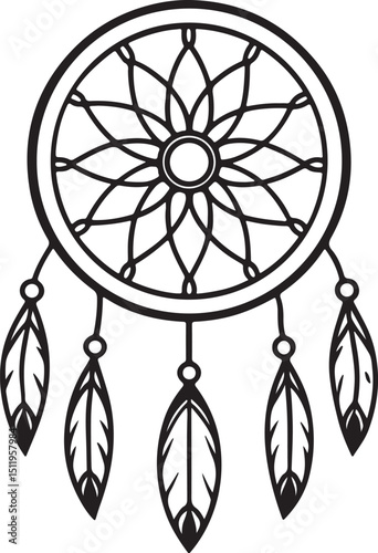 boho dreamcatcher with feathers line art, black outline, vector and illustration, coloring book page line art drawing