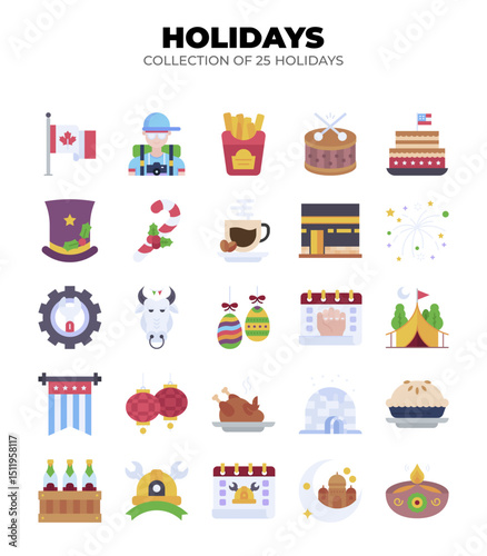 Collection of 25 Holidays. Festive Travel. Vacation. and Celebration Icons