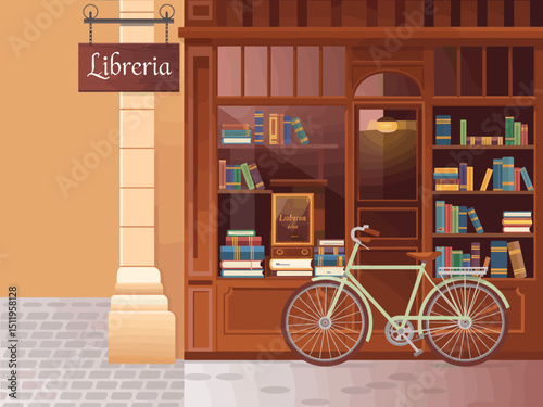 vector illustration of european book shop showcase with lots of books with bicycle outside