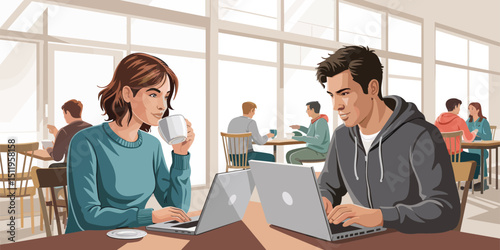 young people dinning and working in modern coffeehouse, people using laptop, flat vector illustration 